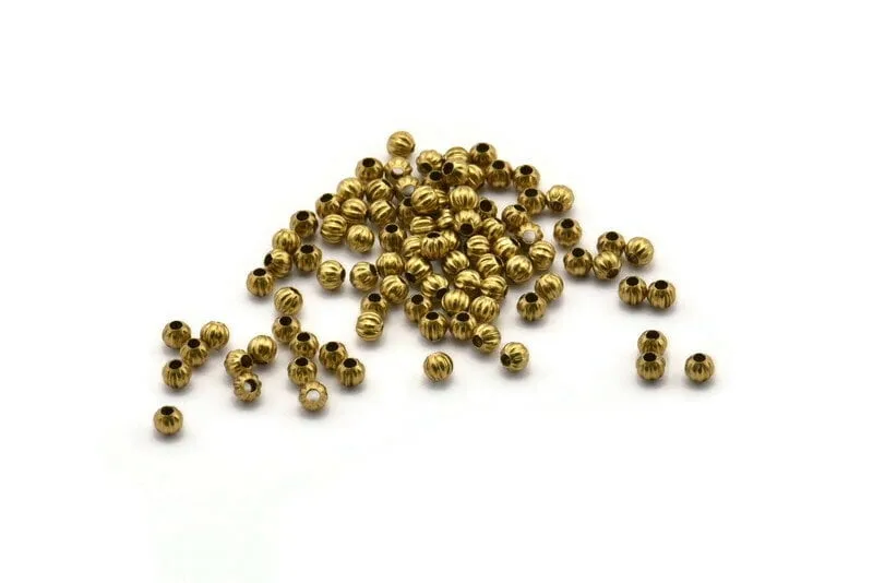 100 Raw Brass Spacer Pumpkin Beads , Findings (3 Mm)  Brs 500 (b0027)