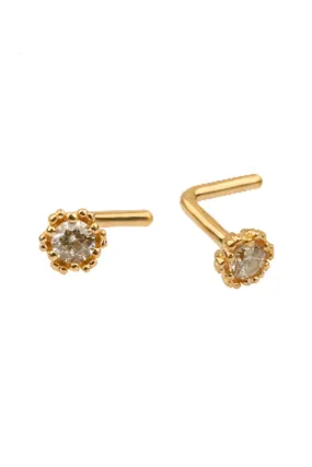 14K Solid Gold 20g Cz Wrinkle Bezel Nose Stud Piercing