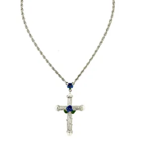 1928 Jewelry Blue Rose Enamel Cross Pendant Necklace 30"