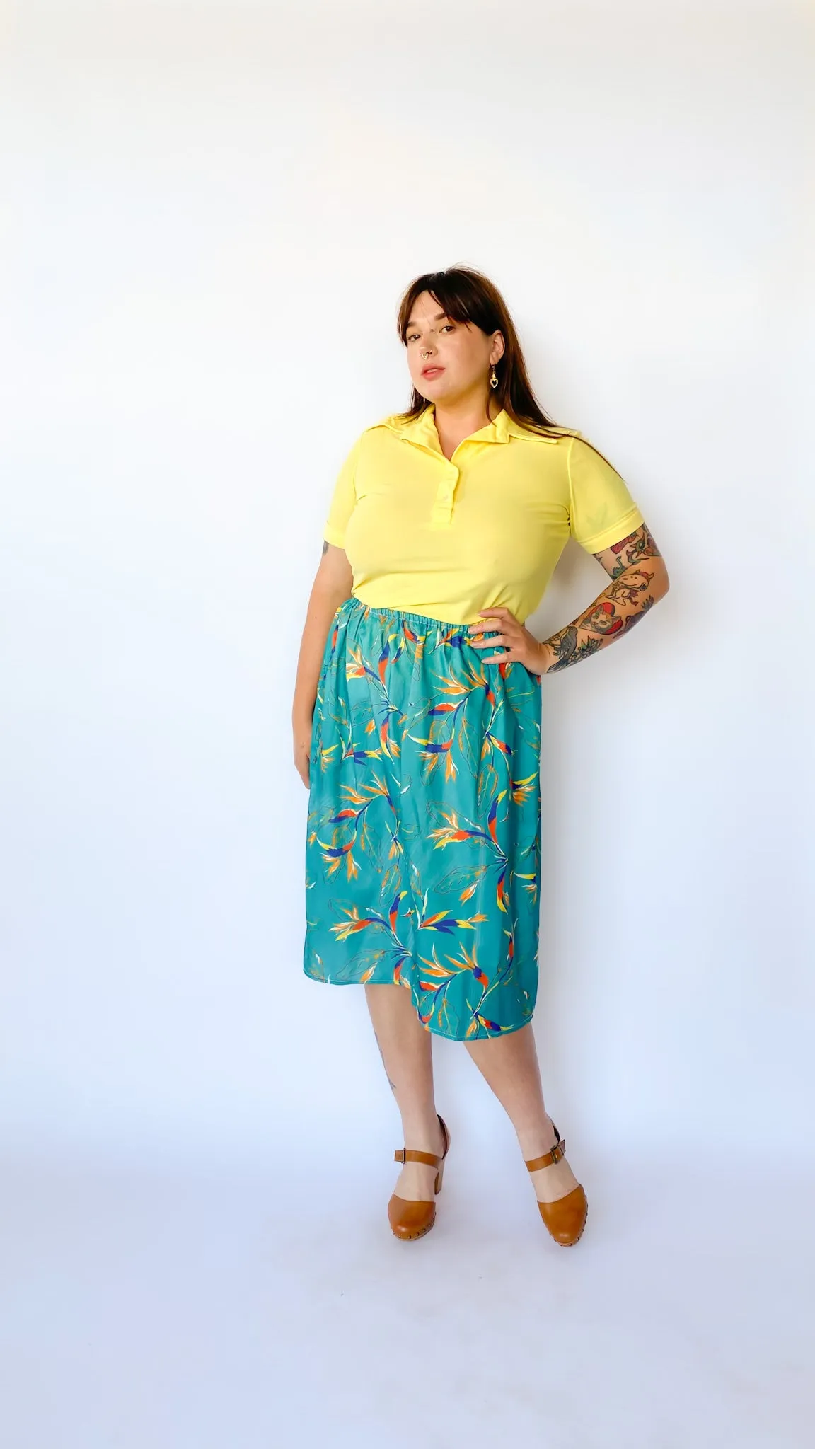 1970s Turquoise Leaf Print Midi Skirt, sz. M-3X