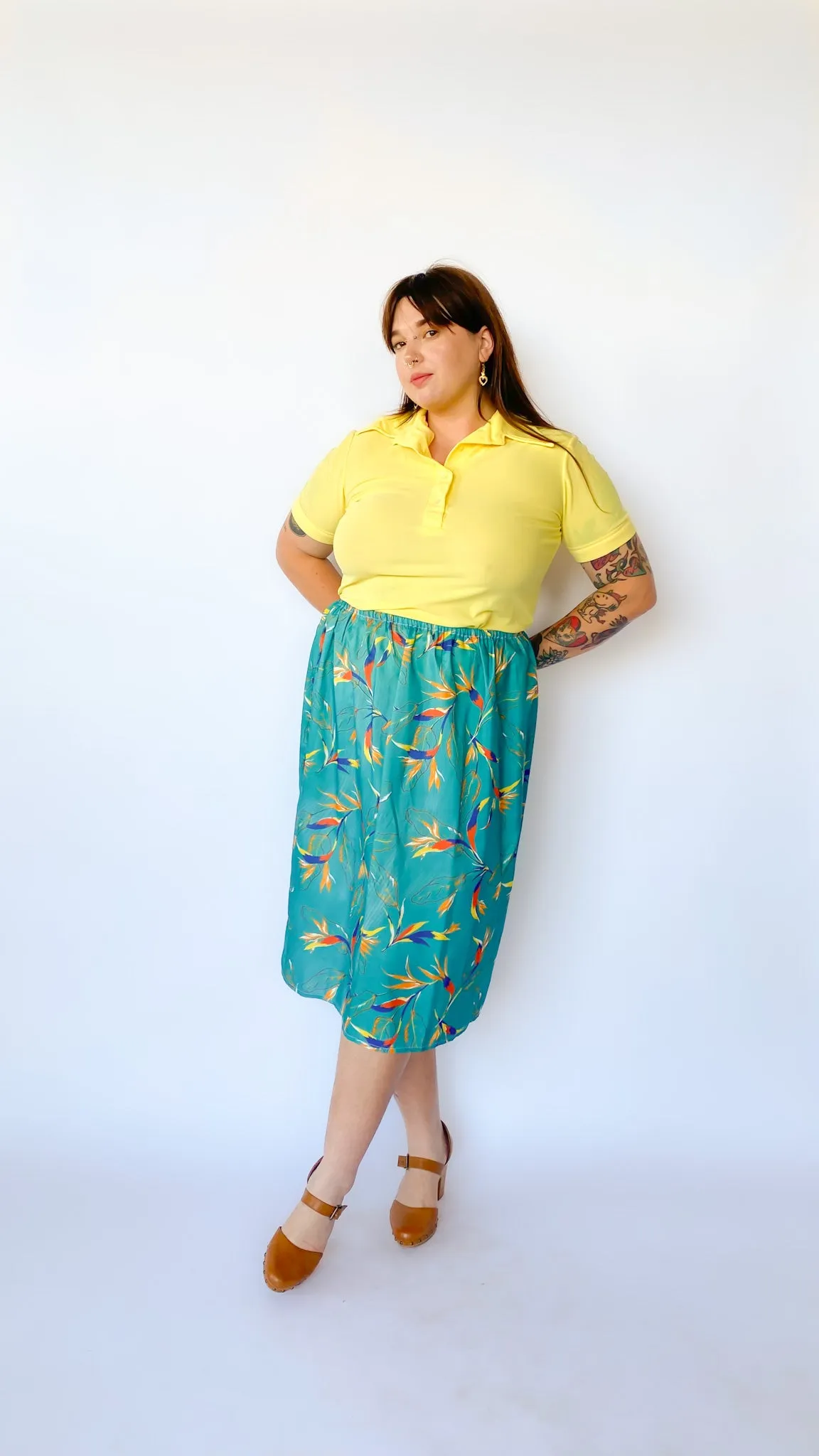 1970s Turquoise Leaf Print Midi Skirt, sz. M-3X