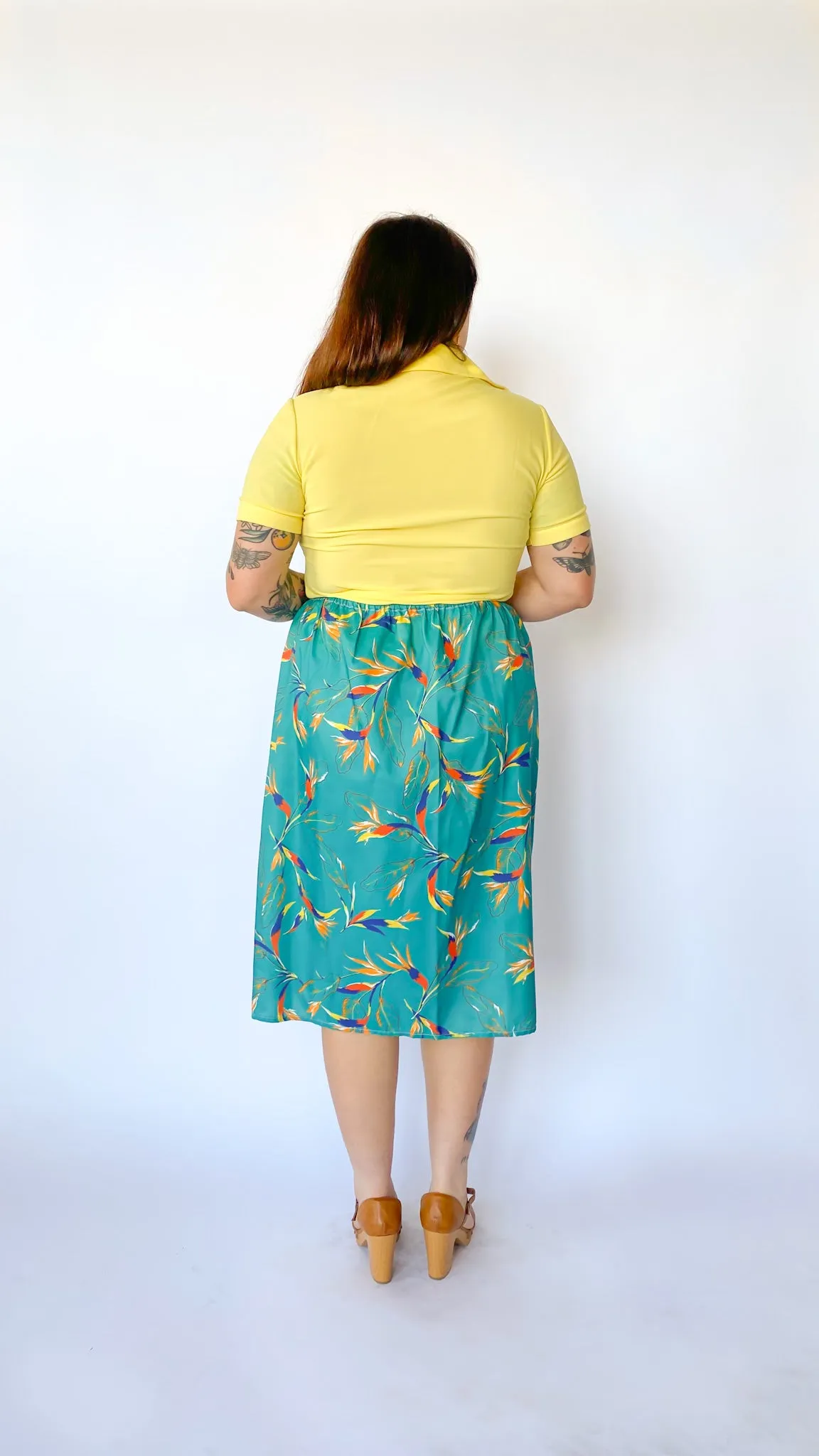 1970s Turquoise Leaf Print Midi Skirt, sz. M-3X