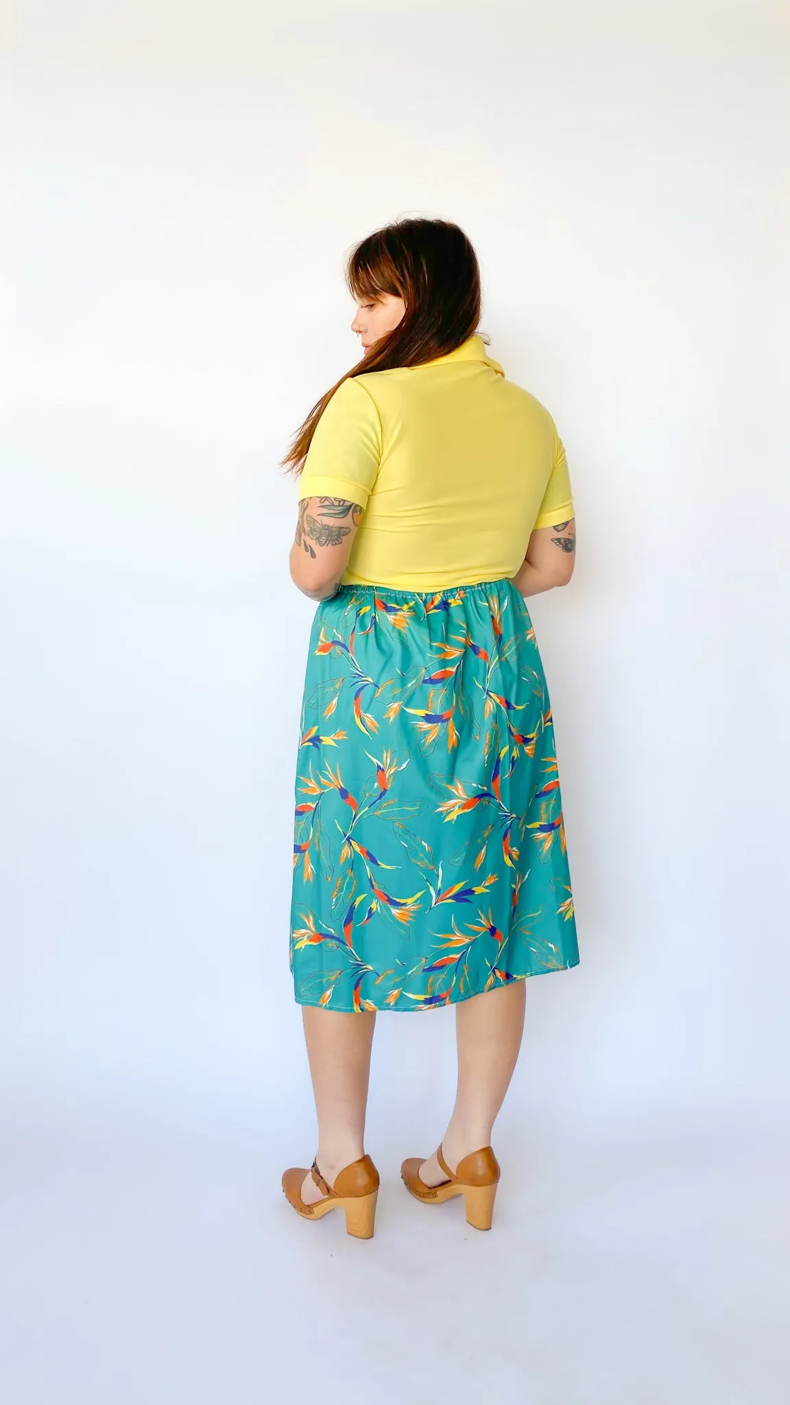 1970s Turquoise Leaf Print Midi Skirt, sz. M-3X