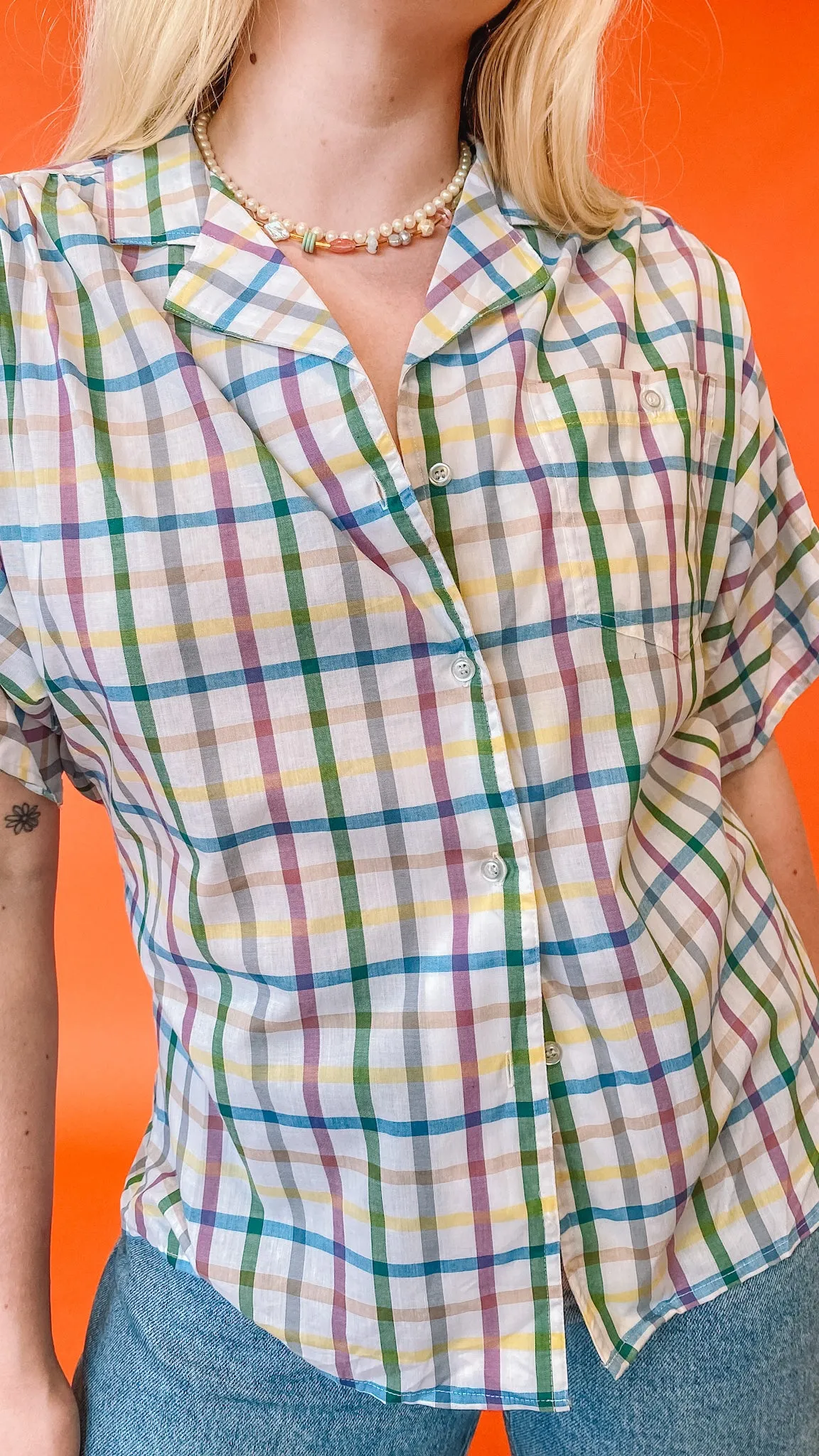 1980s Colorful Grid Button Up, sz. L