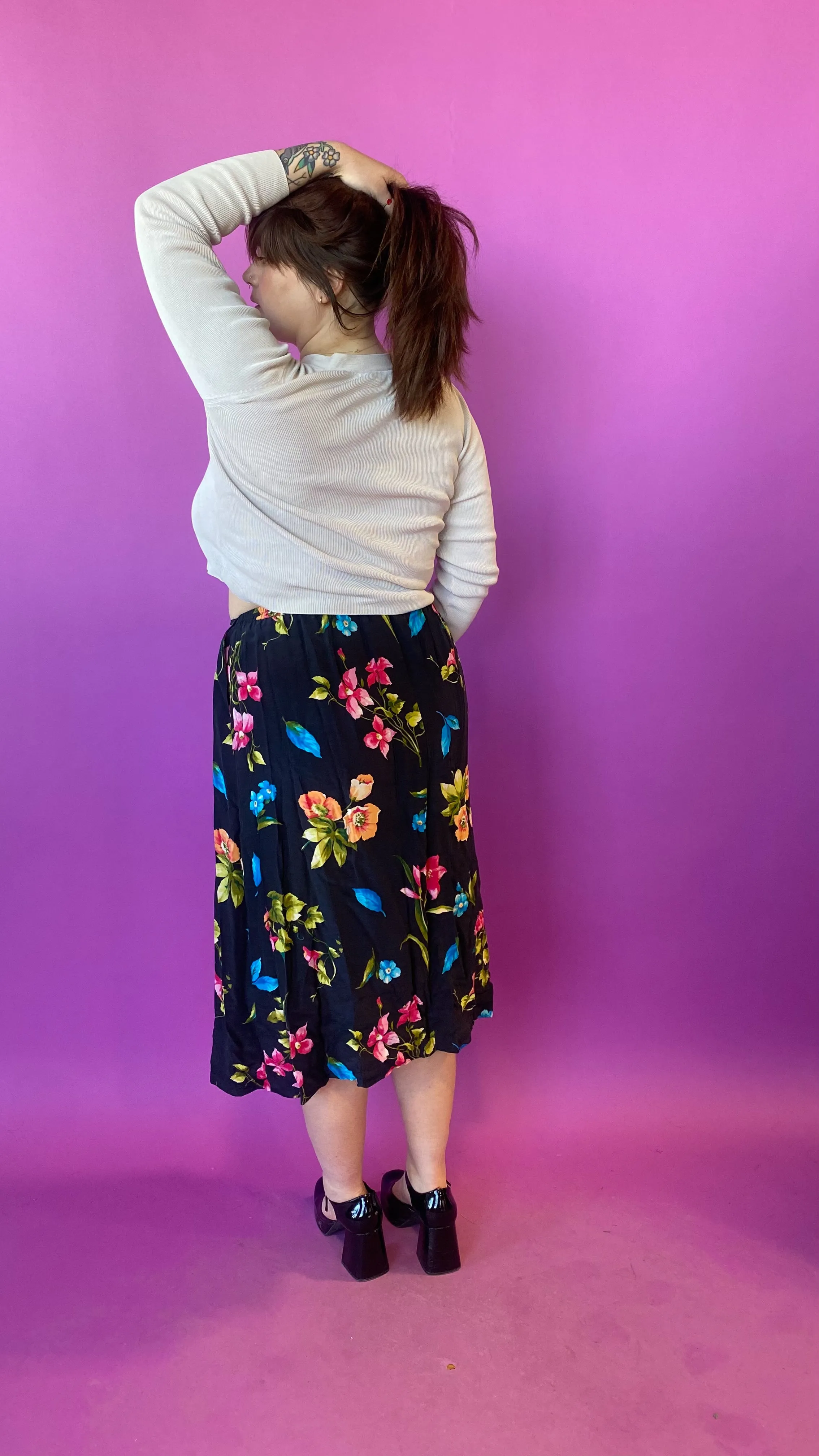 1980s Silk Vibrant Watercolor Floral Skirt, sz. XL