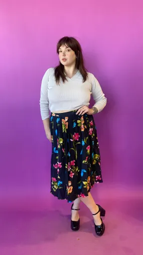 1980s Silk Vibrant Watercolor Floral Skirt, sz. XL