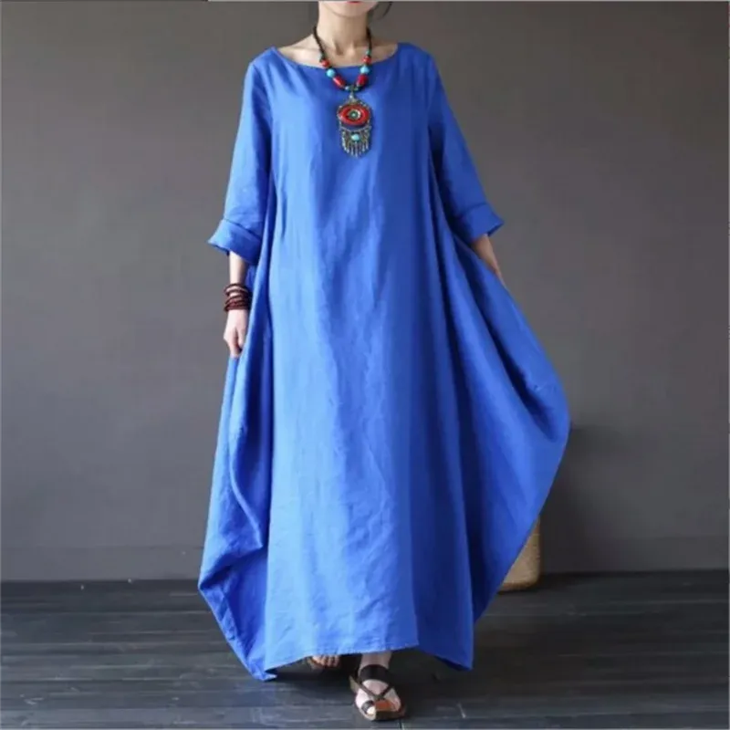 2022 Spring New Loose Size Round Neck Mid-Sleeve Large Swing Cotton And Linen Long Dress