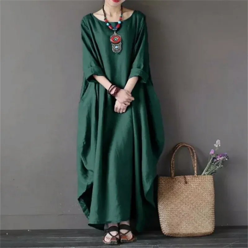 2022 Spring New Loose Size Round Neck Mid-Sleeve Large Swing Cotton And Linen Long Dress