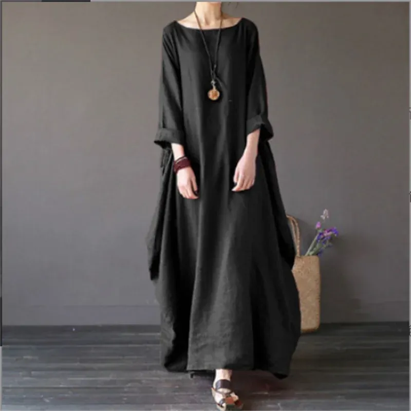 2022 Spring New Loose Size Round Neck Mid-Sleeve Large Swing Cotton And Linen Long Dress