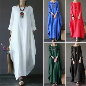 2022 Spring New Loose Size Round Neck Mid-Sleeve Large Swing Cotton And Linen Long Dress