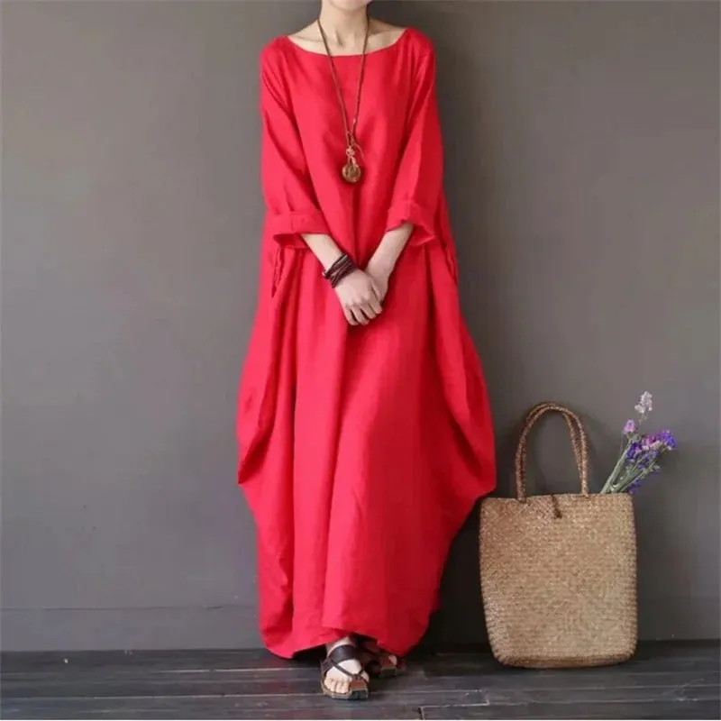 2022 Spring New Loose Size Round Neck Mid-Sleeve Large Swing Cotton And Linen Long Dress