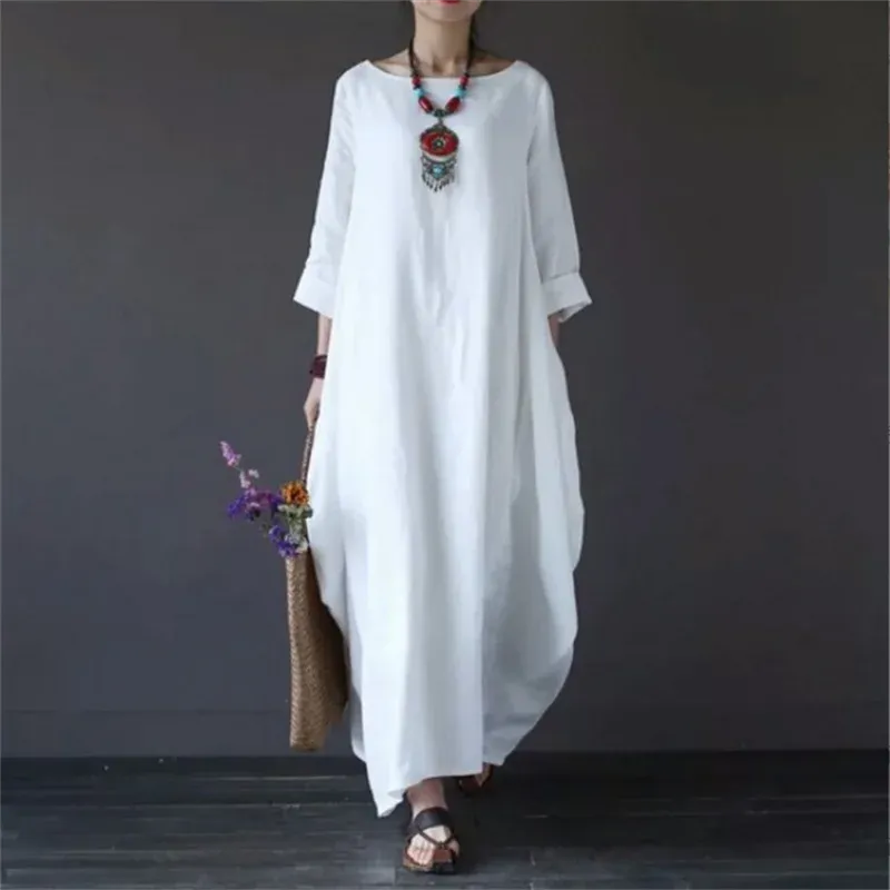 2022 Spring New Loose Size Round Neck Mid-Sleeve Large Swing Cotton And Linen Long Dress