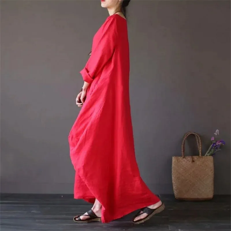 2022 Spring New Loose Size Round Neck Mid-Sleeve Large Swing Cotton And Linen Long Dress