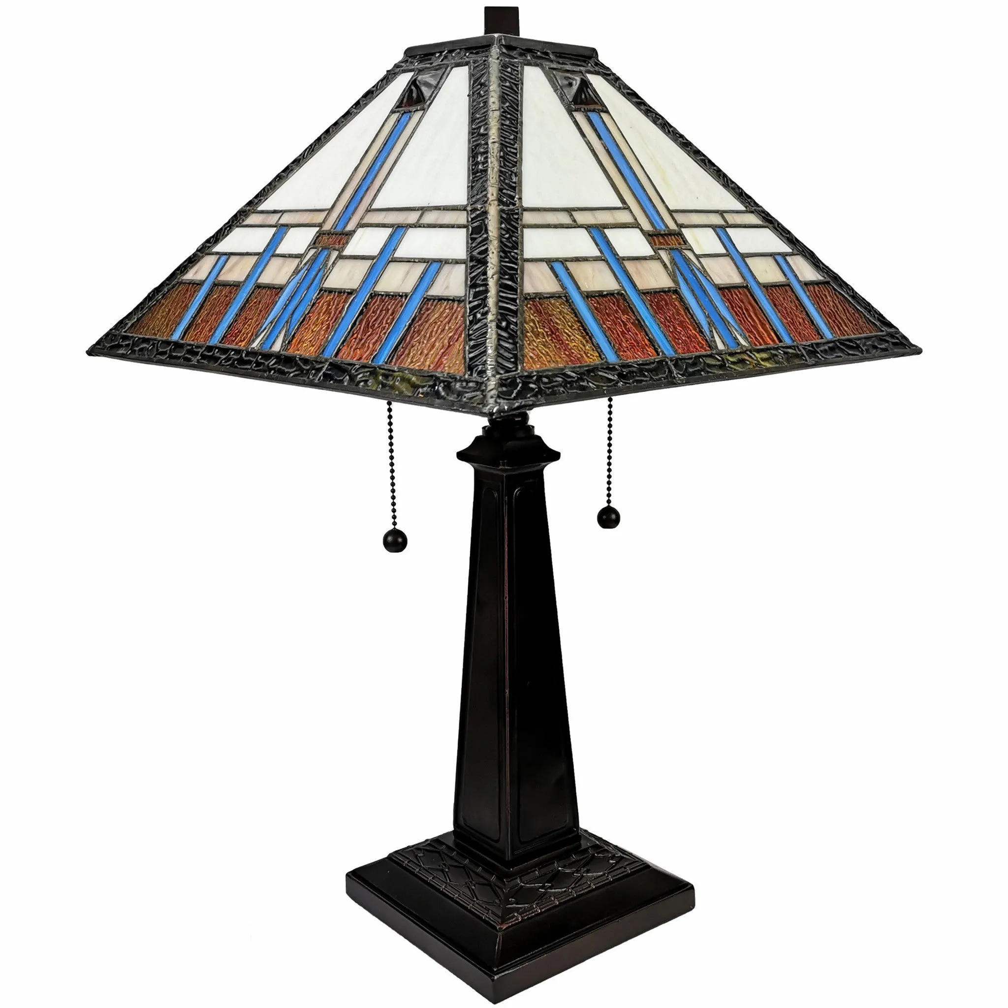 23" Cream Amber and Teal Stained Glass Two Light Mission Style Table Lamp By Homeroots