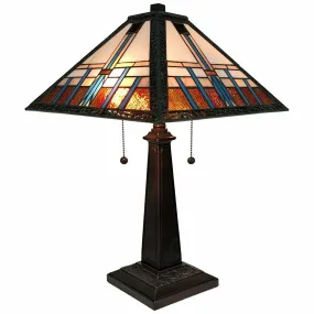 23" Cream Amber and Teal Stained Glass Two Light Mission Style Table Lamp By Homeroots