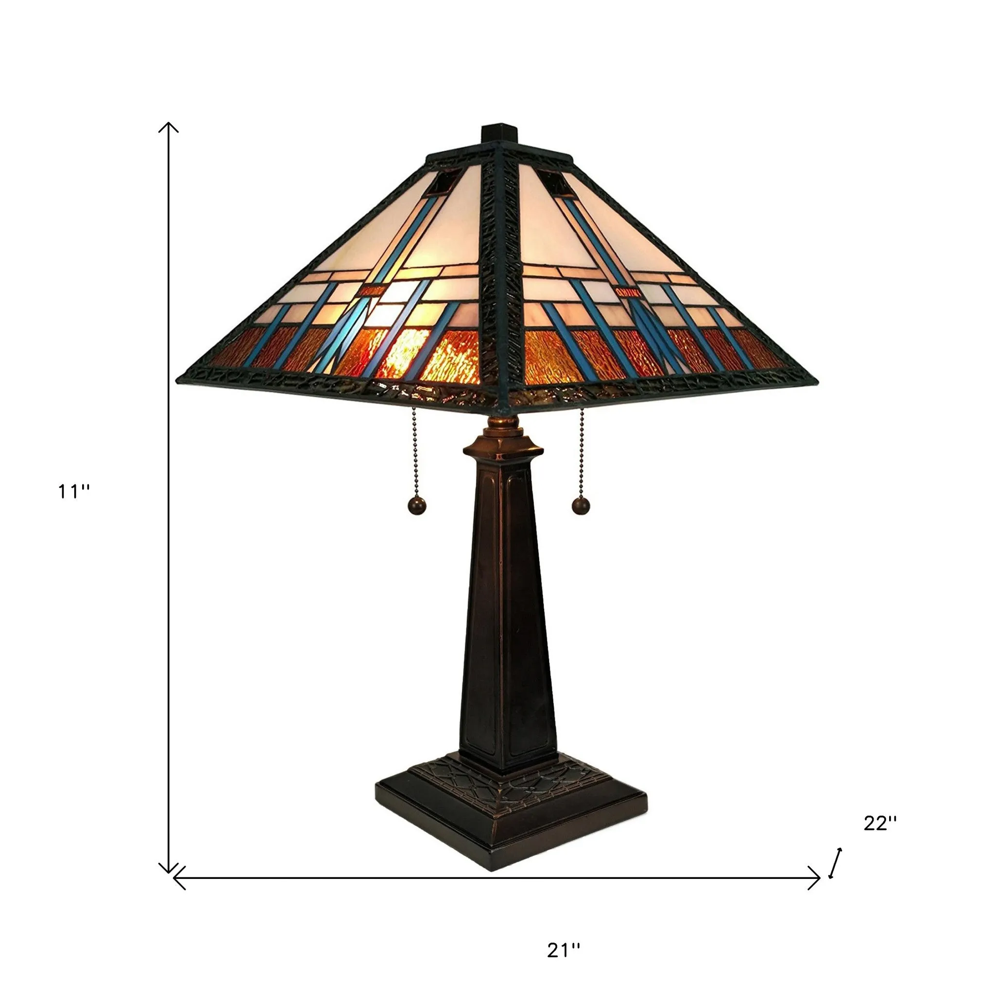 23" Cream Amber and Teal Stained Glass Two Light Mission Style Table Lamp By Homeroots