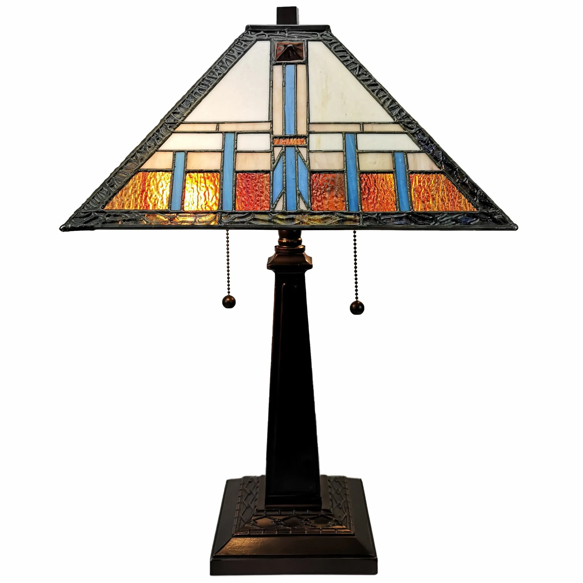 23" Cream Amber and Teal Stained Glass Two Light Mission Style Table Lamp By Homeroots