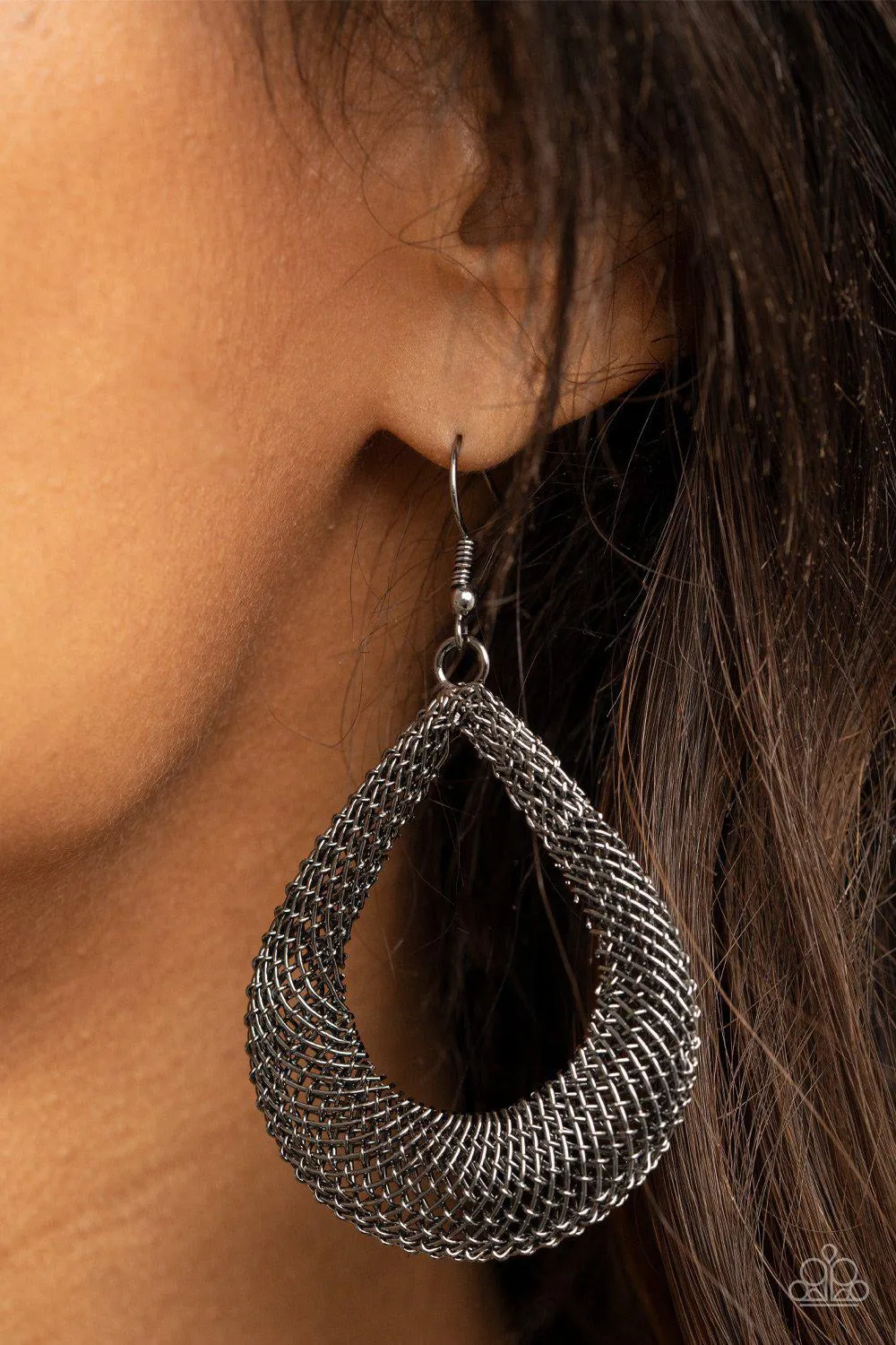 A Hot Mesh Gunmetal Black Teardrop Earrings - Paparazzi Accessories