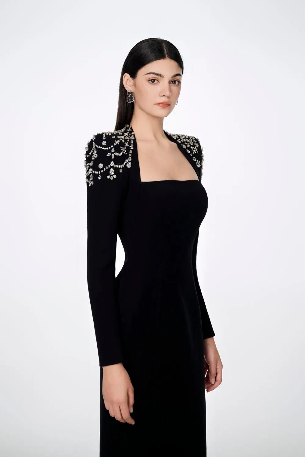 Adeline Bodycon Long Sleeved Crepe Floor Length Dress