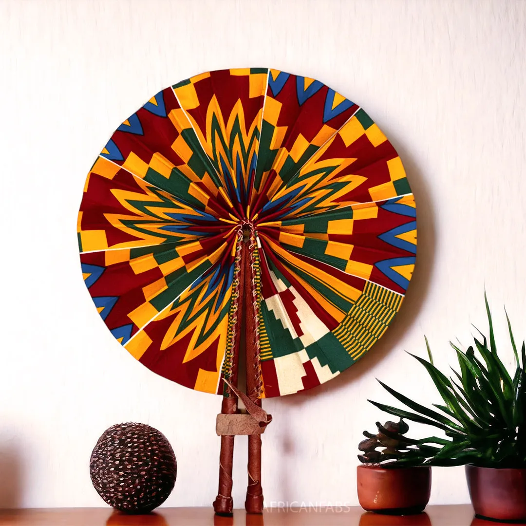 African Hand fan - Ankara print Hand fan - Akosua - Blue / red kente