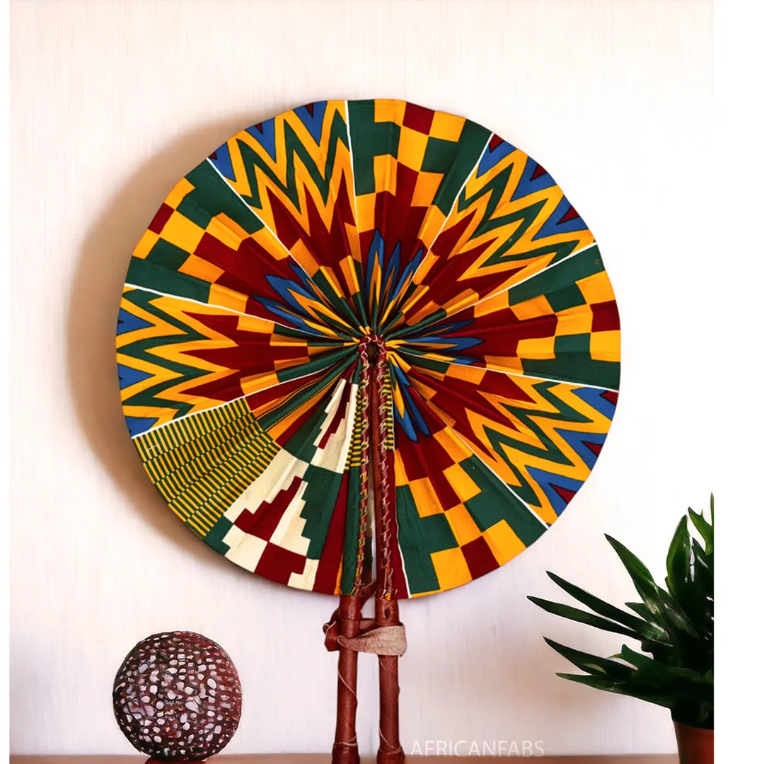 African Hand fan - Ankara print Hand fan - Akosua - Blue / red kente