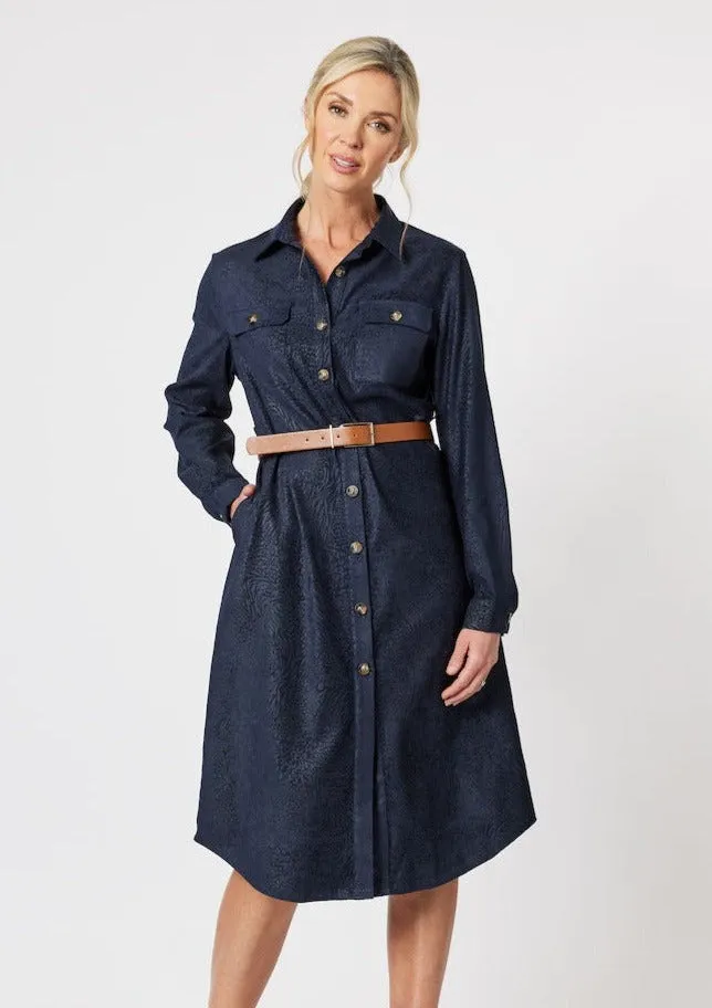 Animal Print Suede Feel Shirt Dress - Midnight Blue