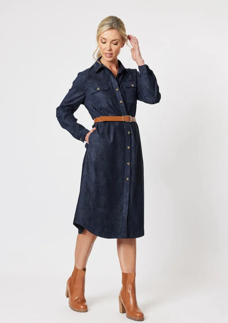 Animal Print Suede Feel Shirt Dress - Midnight Blue