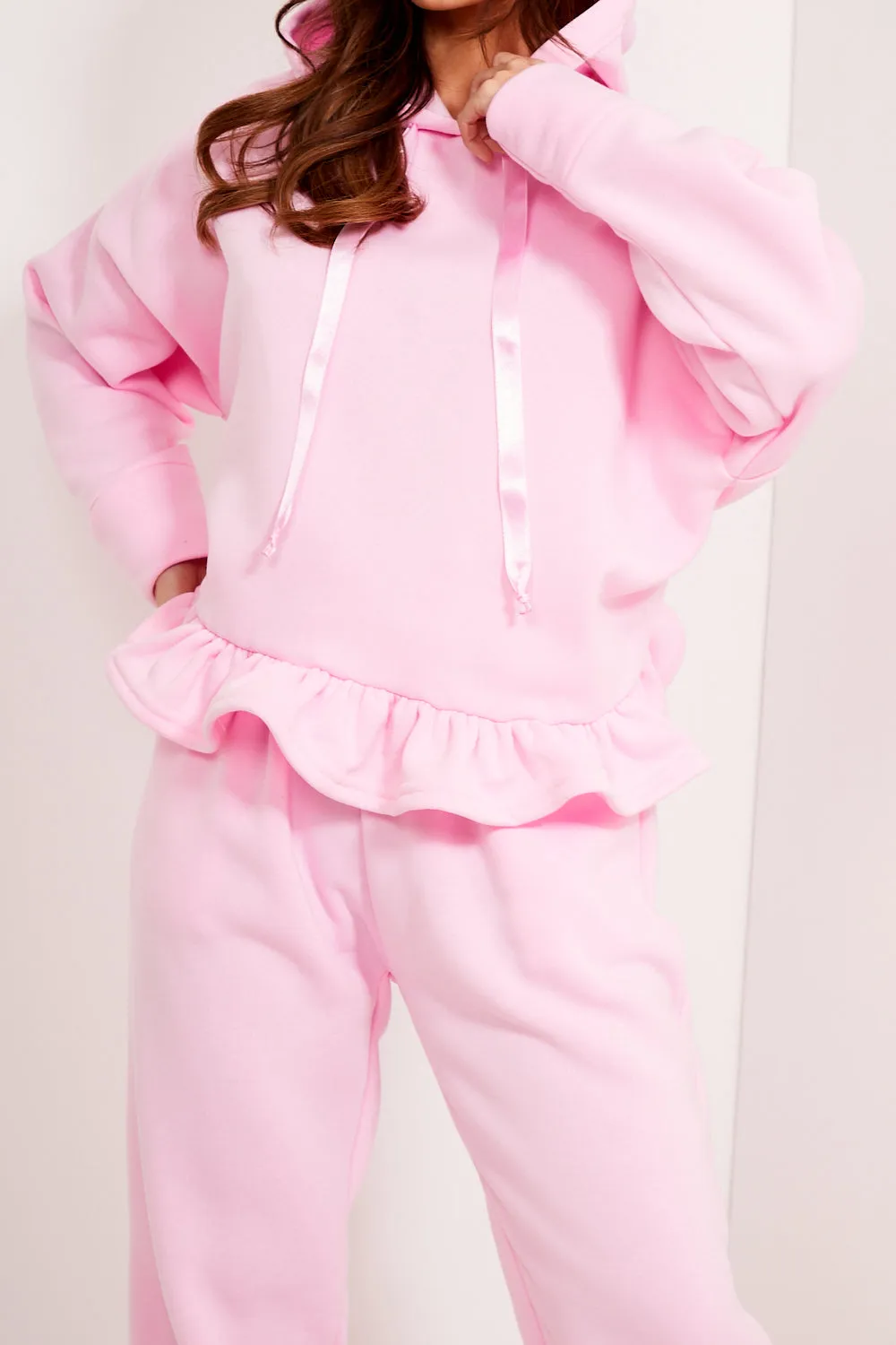 Arden Pink Frill Hem Hoodie and Joggers Tracksuit Set