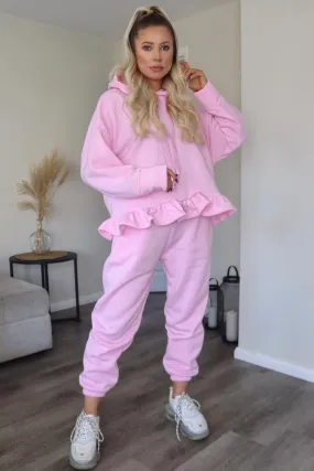 Arden Pink Frill Hem Hoodie and Joggers Tracksuit Set