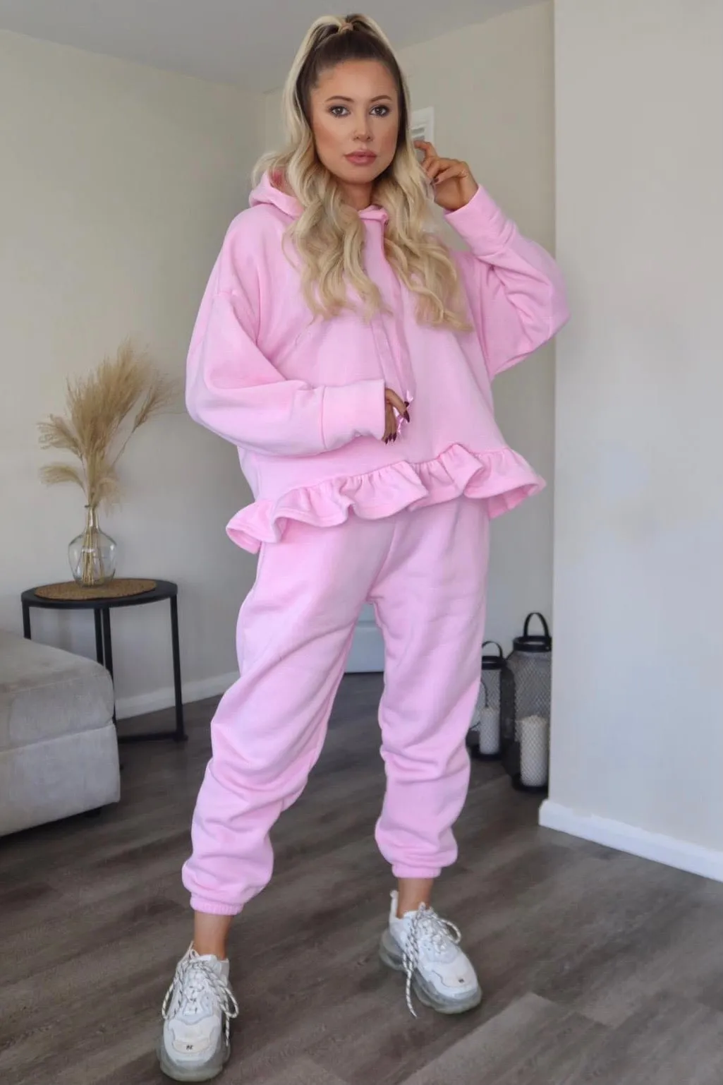 Arden Pink Frill Hem Hoodie and Joggers Tracksuit Set