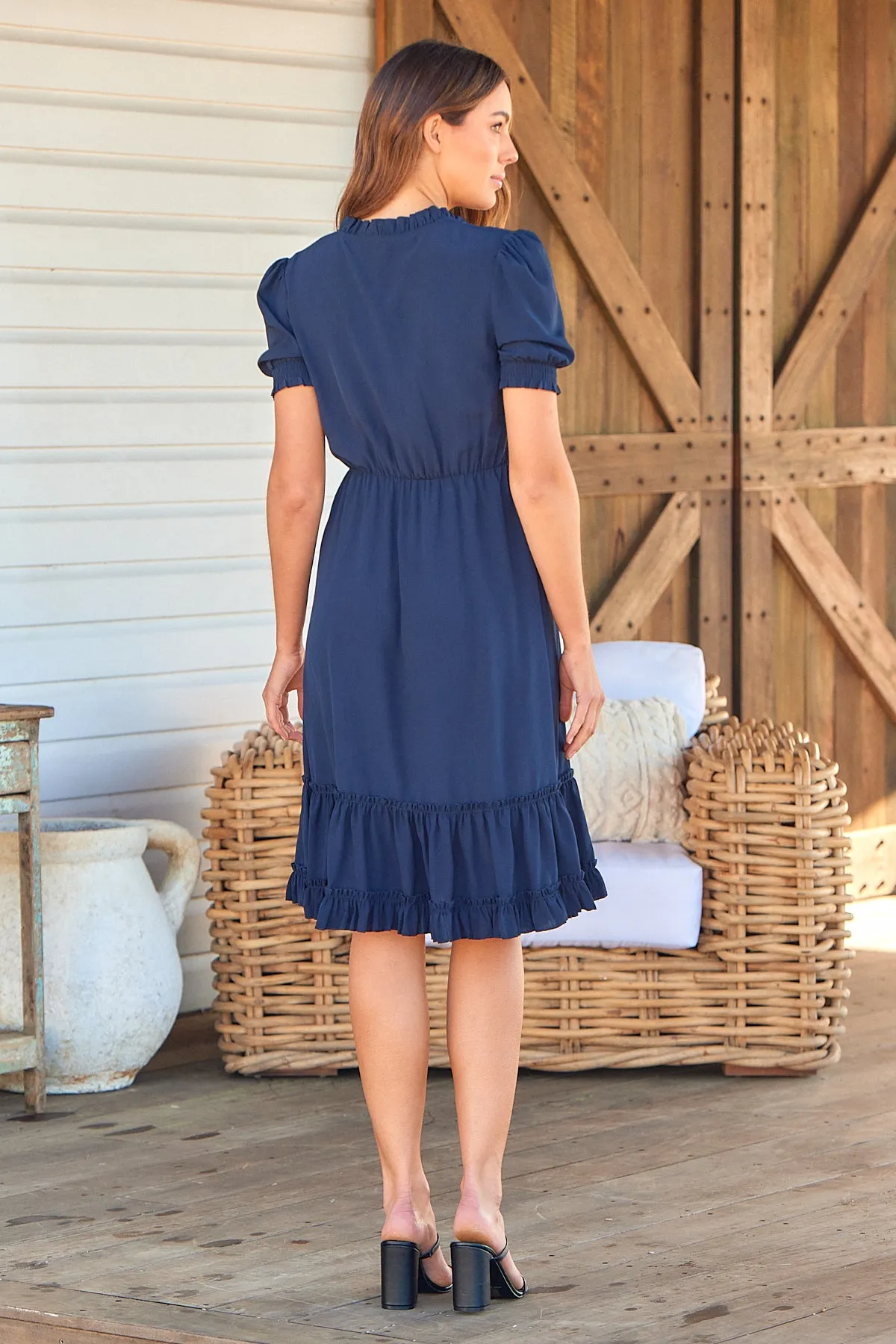 Arden Short Sleeve Navy Satin Midi Dress