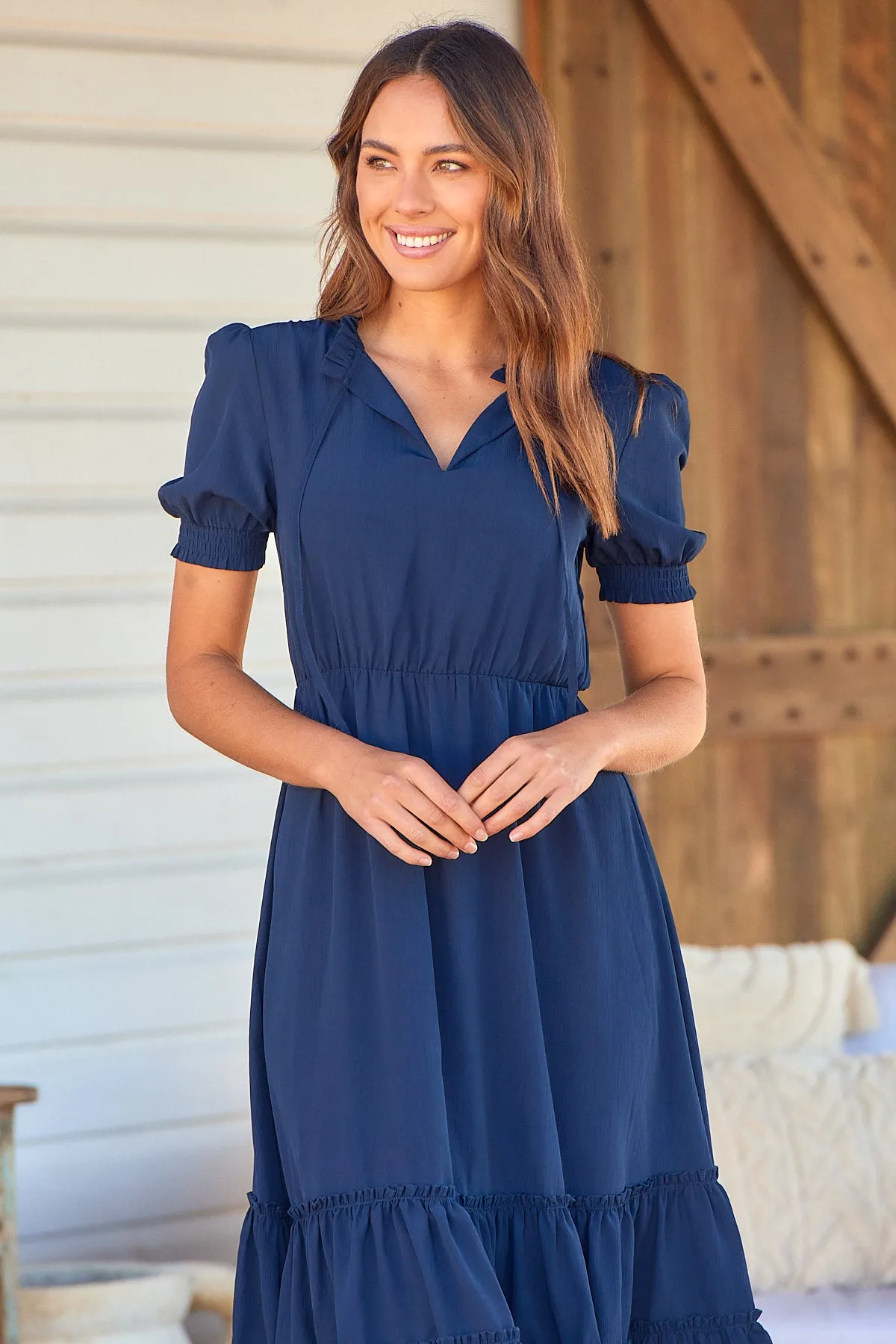 Arden Short Sleeve Navy Satin Midi Dress