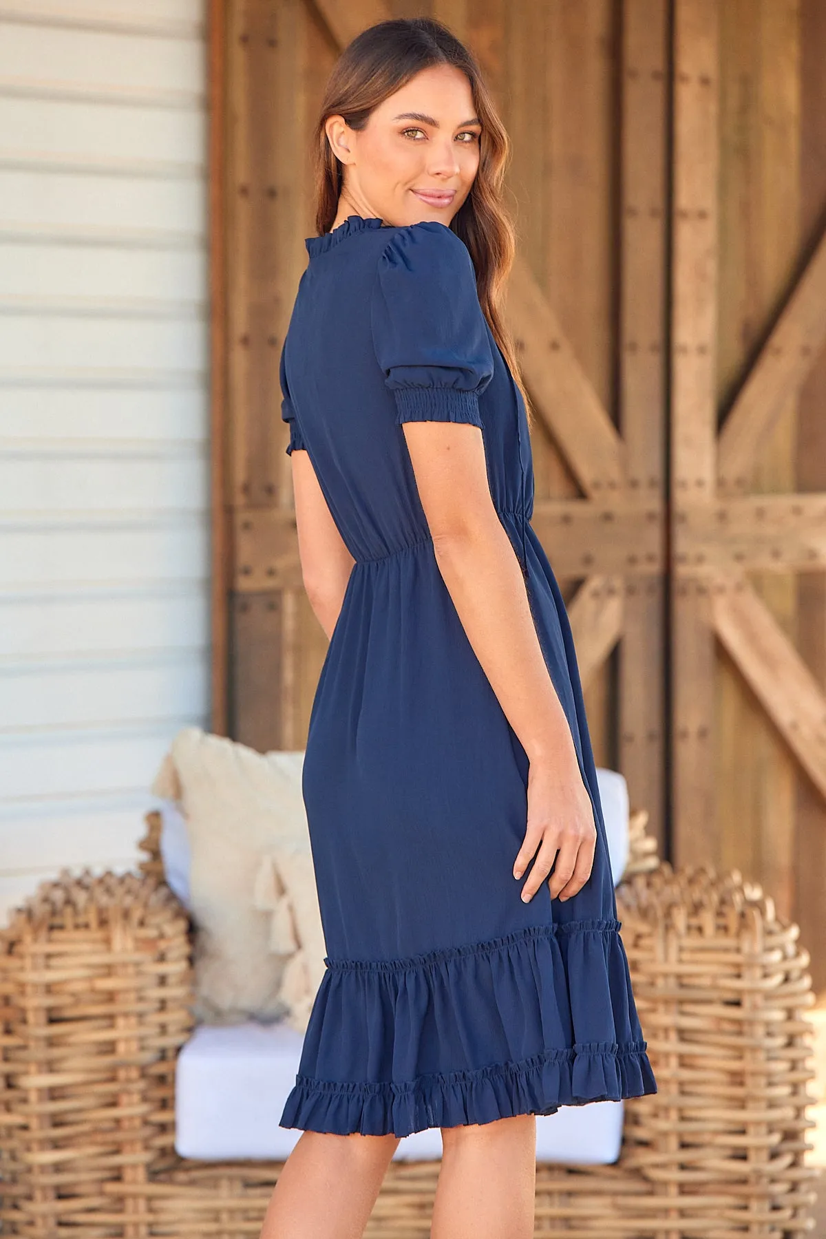 Arden Short Sleeve Navy Satin Midi Dress