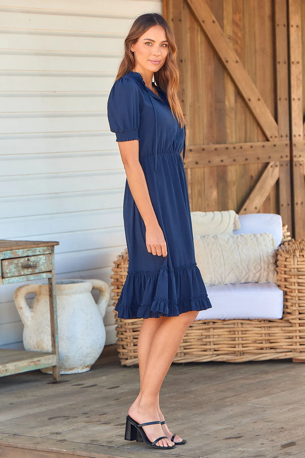 Arden Short Sleeve Navy Satin Midi Dress