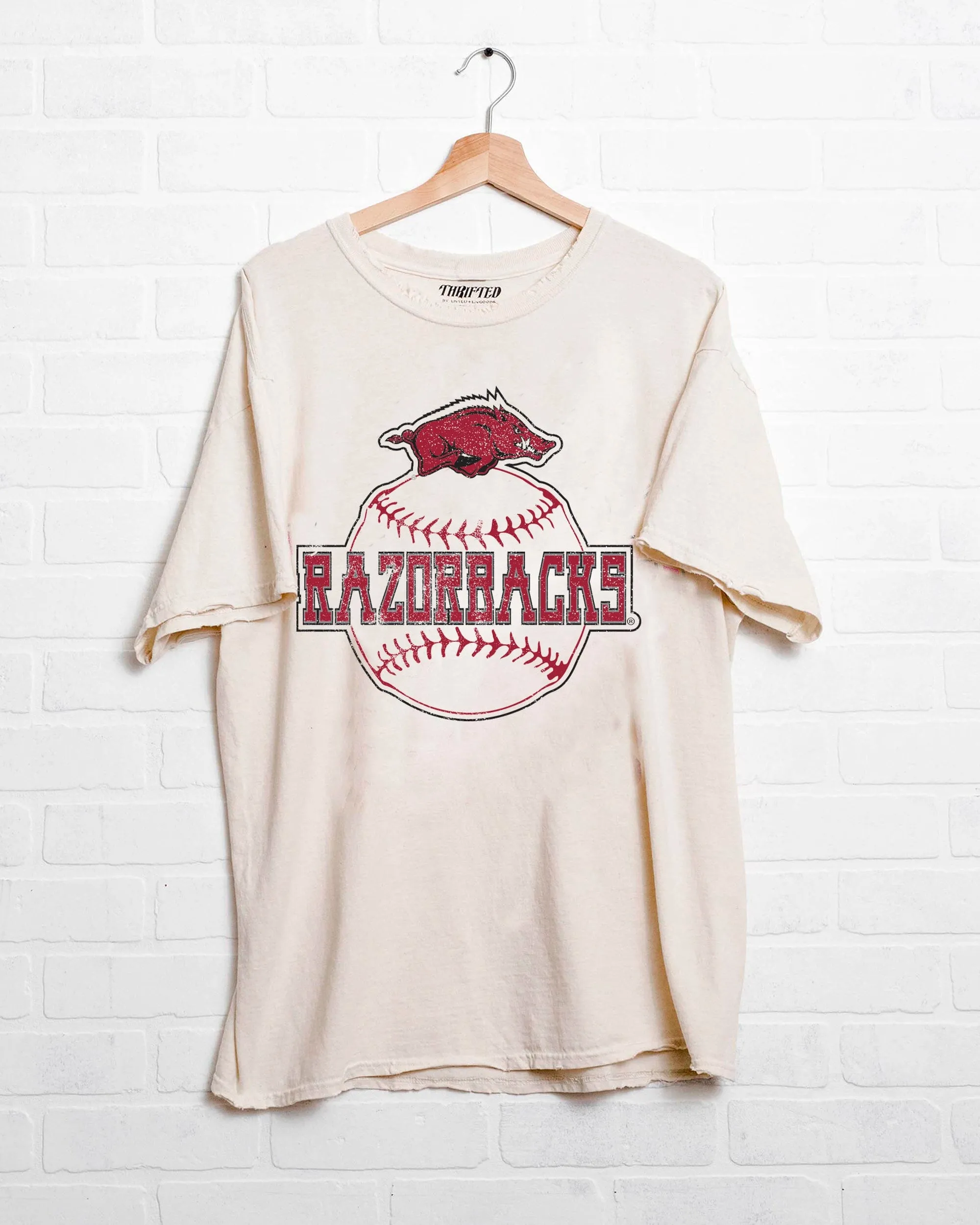 Arkansas Razorbacks Mascot Baseball Off White Thrifted Tee