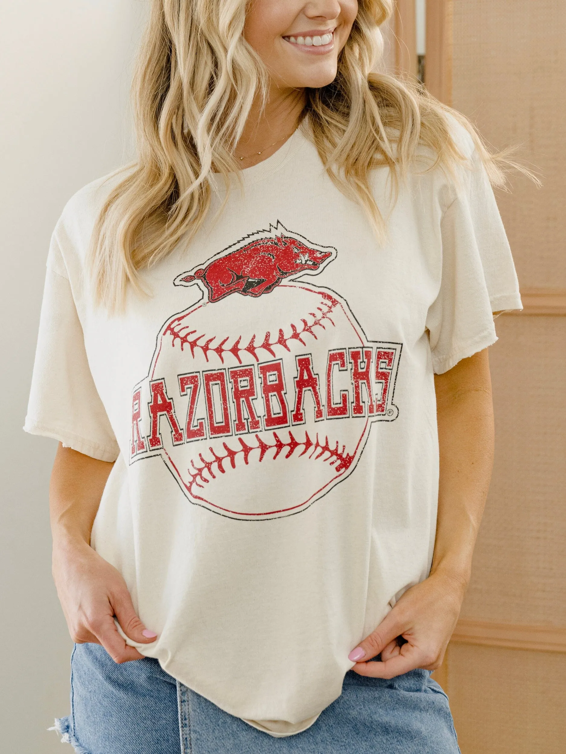 Arkansas Razorbacks Mascot Baseball Off White Thrifted Tee