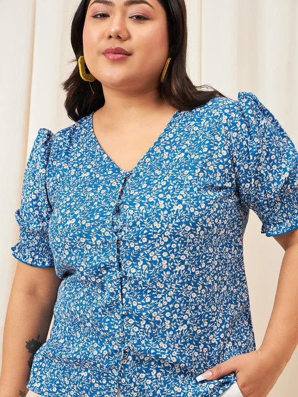 Berrylush Curve Women Blue & White Floral Printed V-Neck Puff Sleeves Button-Up Crepe Smocked Regular Top