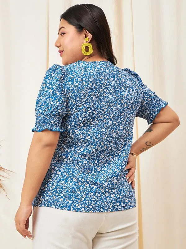 Berrylush Curve Women Blue & White Floral Printed V-Neck Puff Sleeves Button-Up Crepe Smocked Regular Top