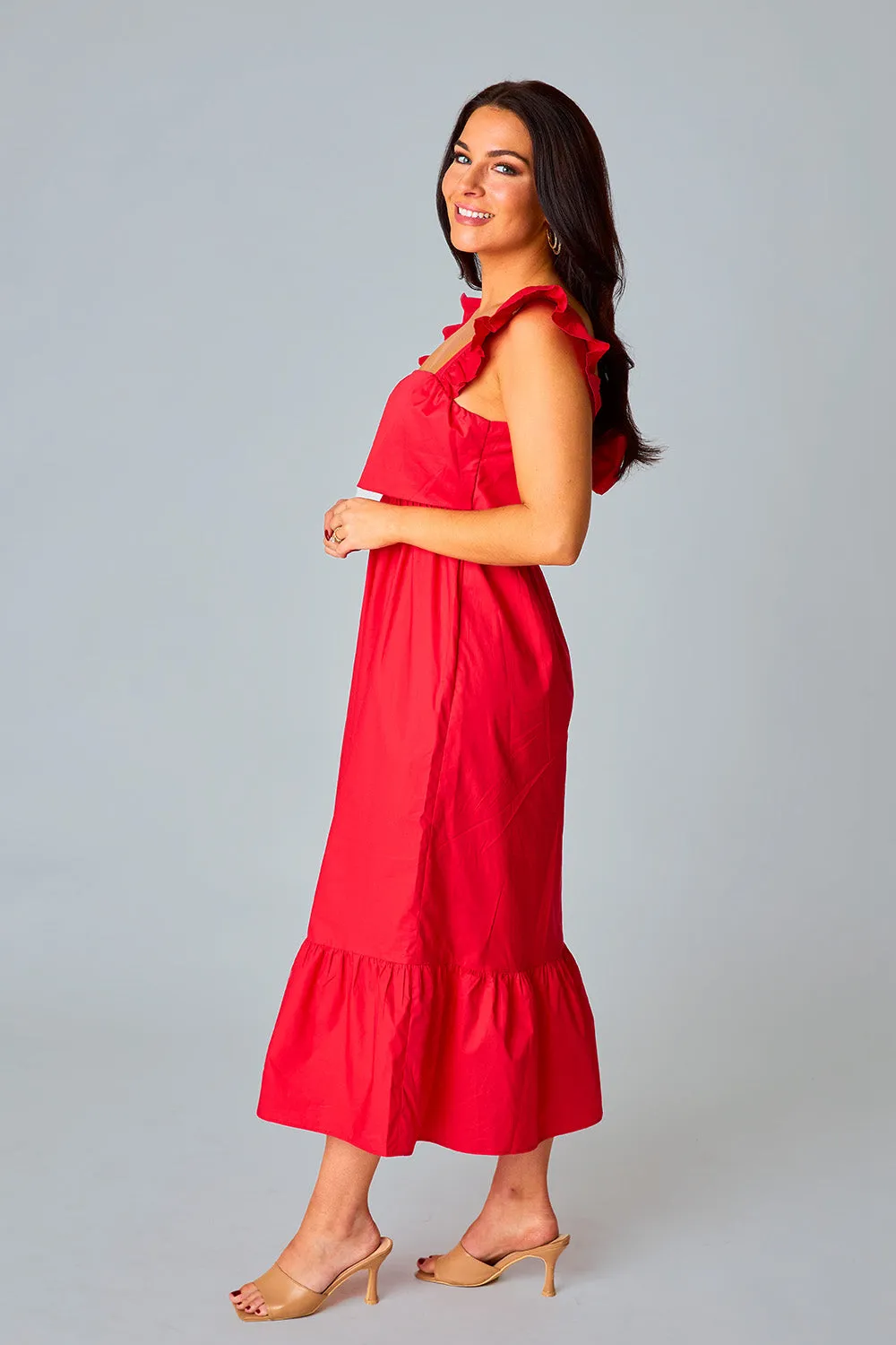 Beverly Ruffle Sleeve Midi Dress - Red