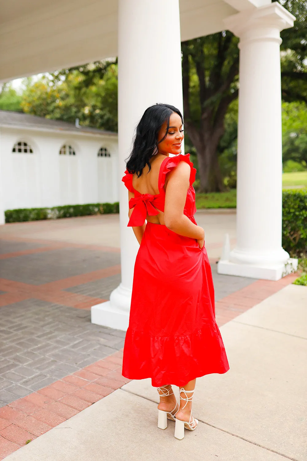 Beverly Ruffle Sleeve Midi Dress - Red