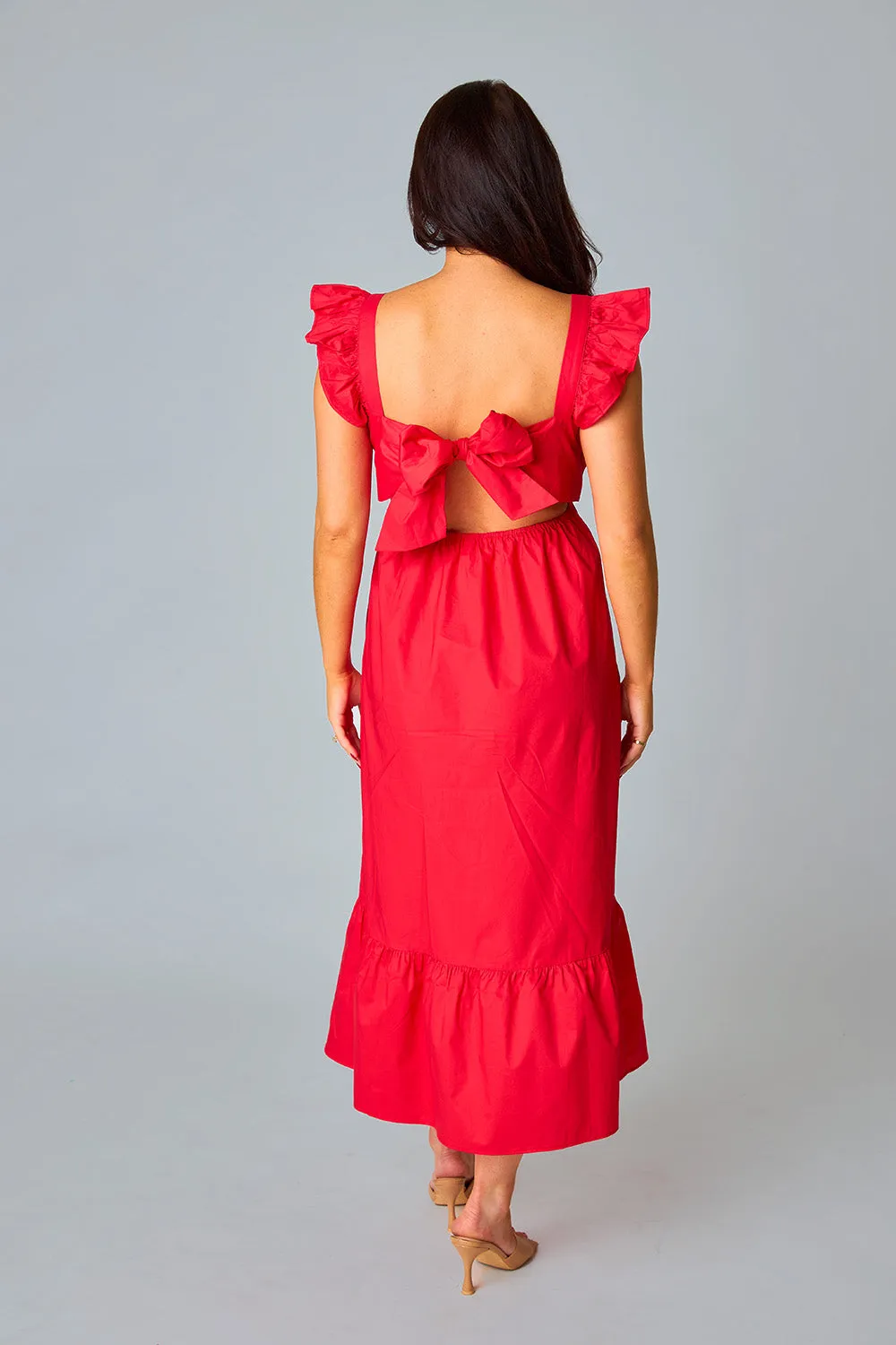 Beverly Ruffle Sleeve Midi Dress - Red