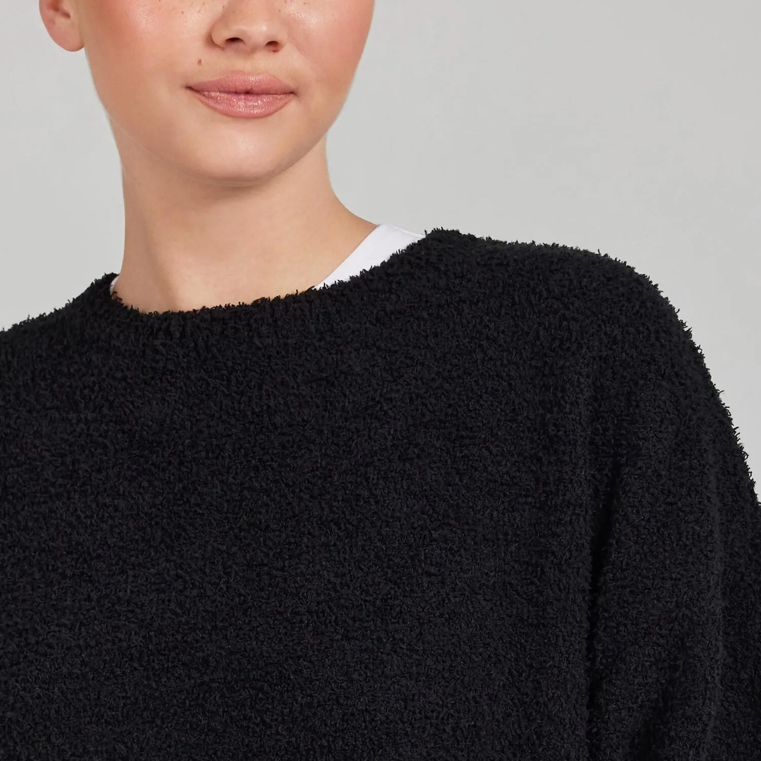 Black Boucle Knit Crew Neck Sweater