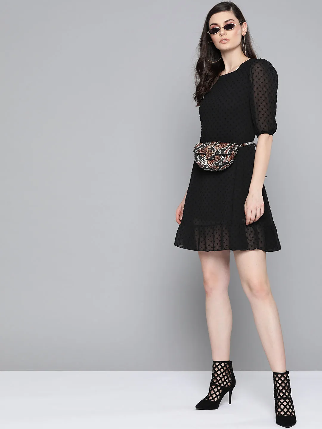 Black Dobby Frill Hem Short Dress