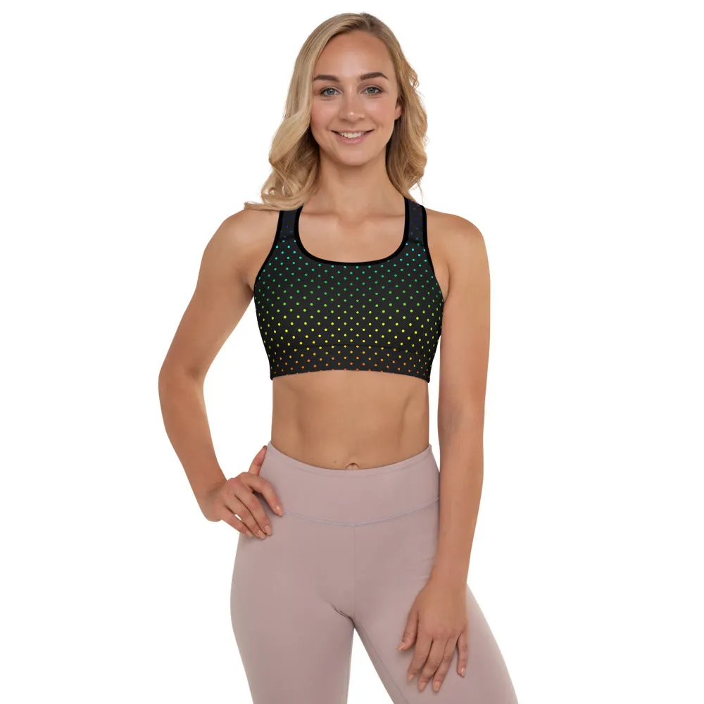 Black Dots Sports Bra, Polka Dots Rainbow Women's Padded Gym Bra-Made in USA/EU