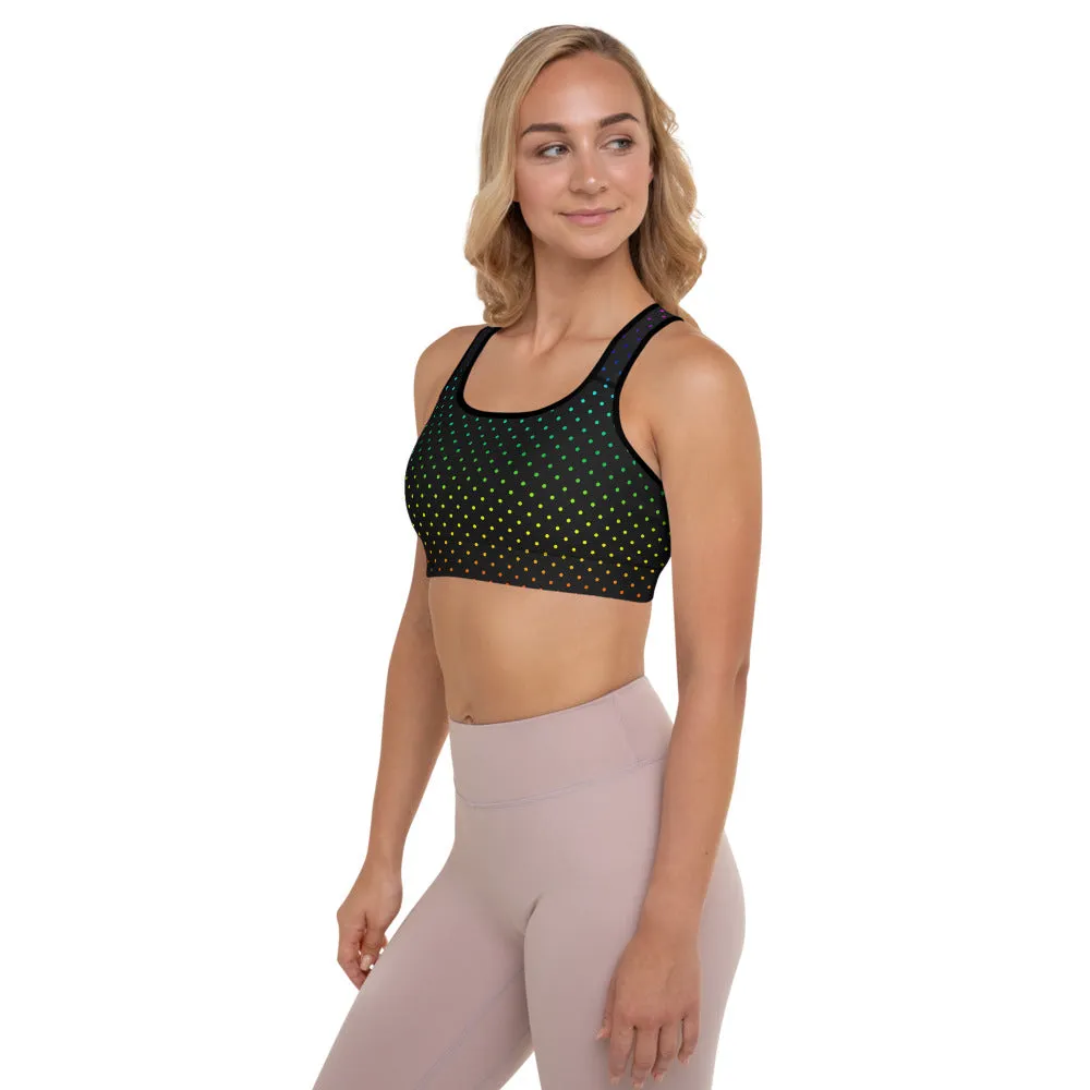 Black Dots Sports Bra, Polka Dots Rainbow Women's Padded Gym Bra-Made in USA/EU