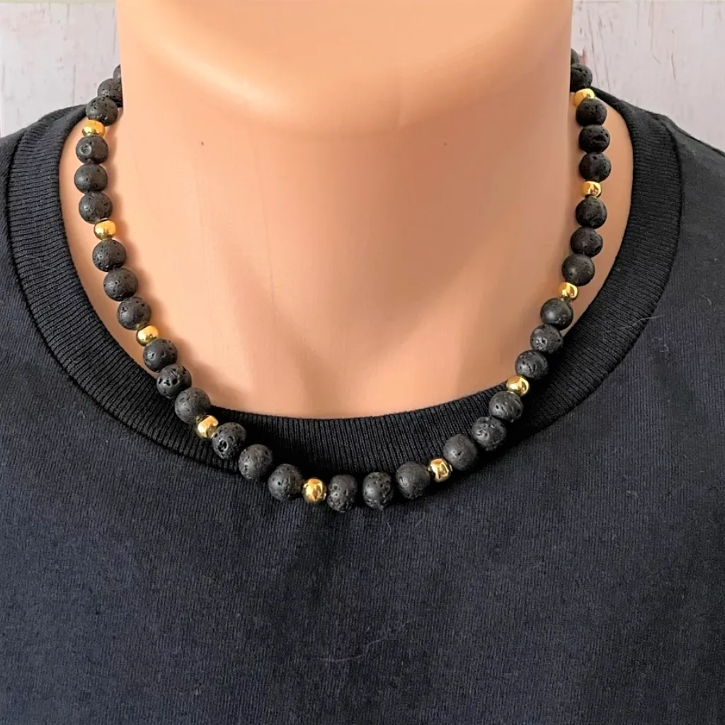 Black Lava and Gold Round Beaded Mens Necklace