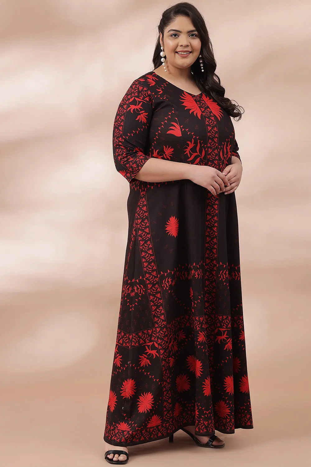 Black Red Ornate Printed Long Dress