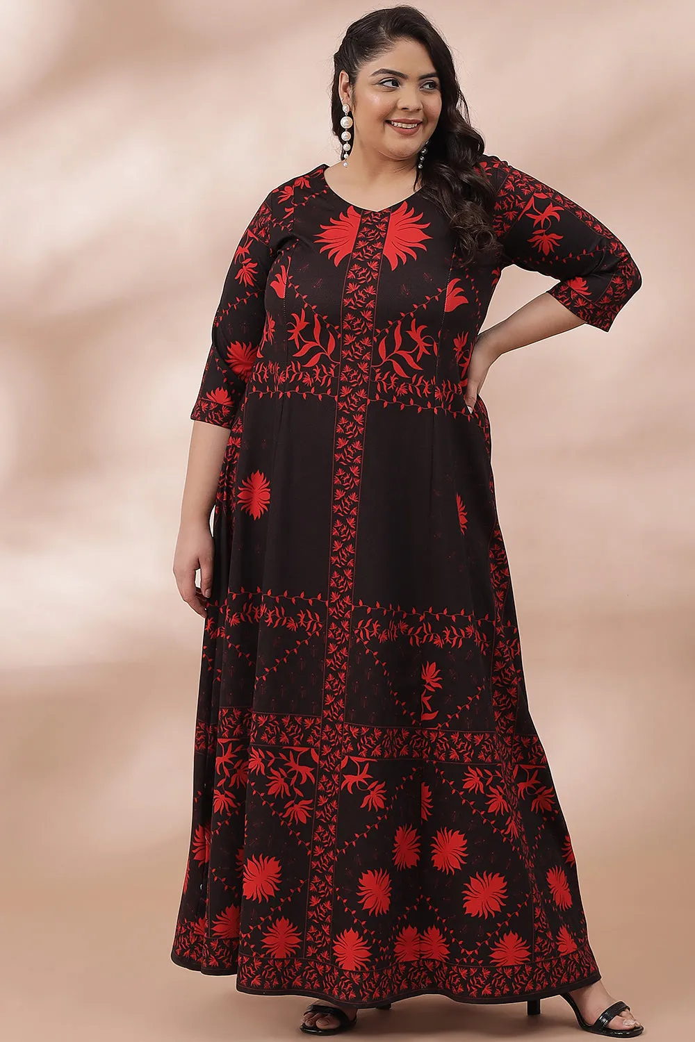 Black Red Ornate Printed Long Dress