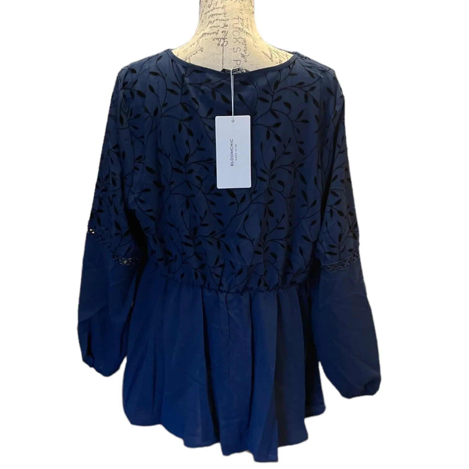 Bloomchic Navy Blue V Neck Babydoll Long Sleeve Shirt Plus Size 14/16