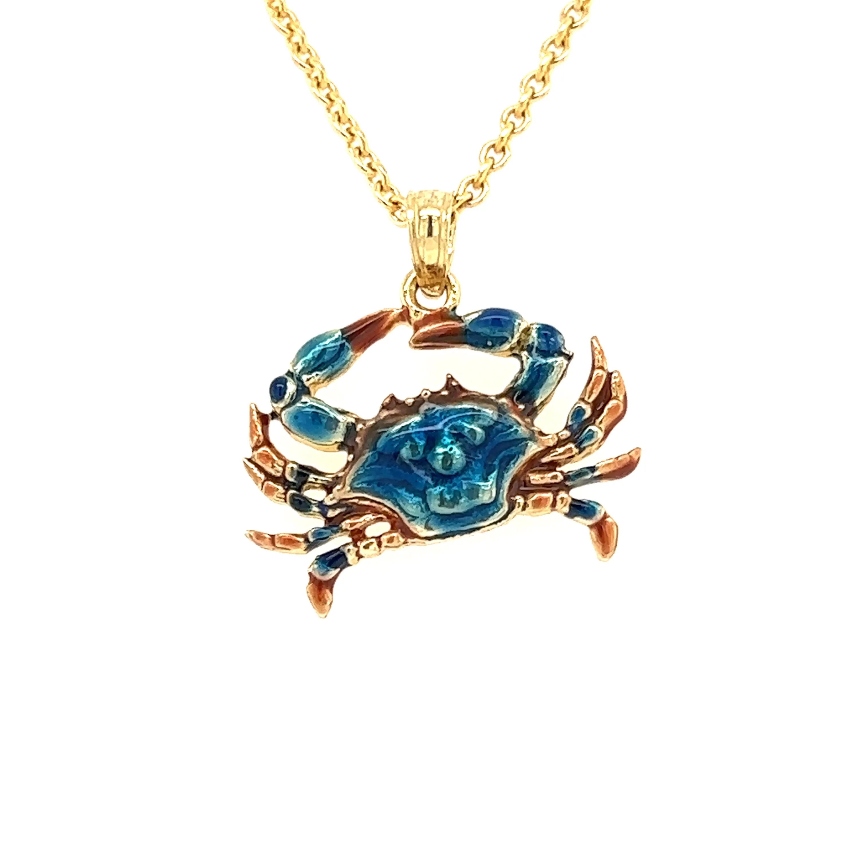 Blue Crab Small Pendant with Enameling in 14K Yellow Gold